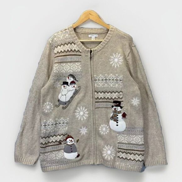 Holiday Cardigan 1X Full Zip Sweater Beige Embroidered Snowman‎ Silk/Ramie/Nylon - Picture 1 of 12